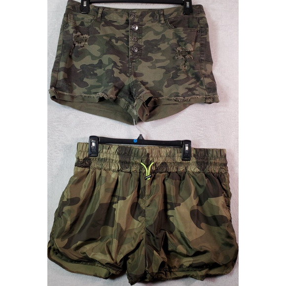 Lot‎ Of 2 No Boundaries Shorts Womens 17 Green Camo Print Button Fly Drawstring - Picture 1 of 16